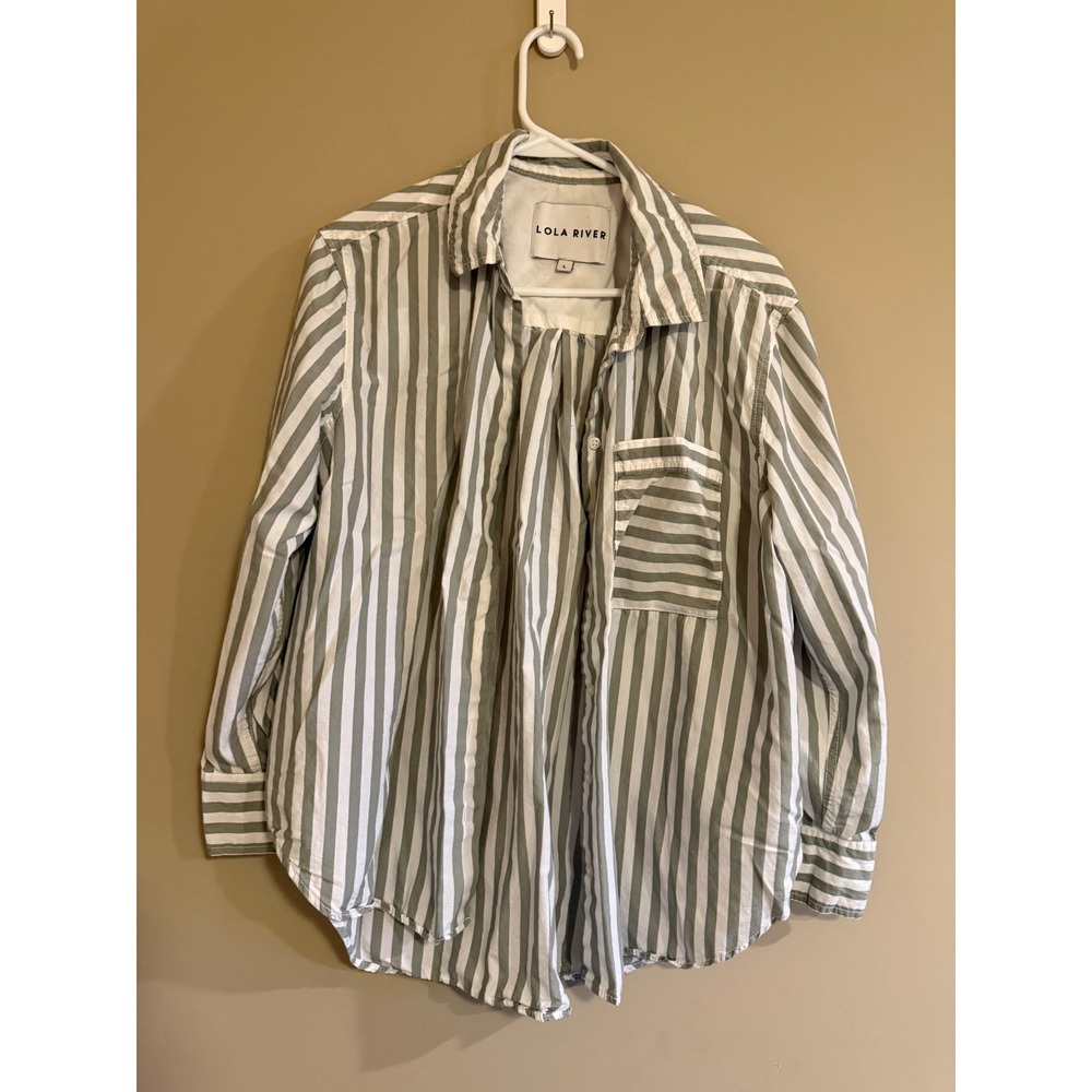 Lola River Womens Sage Green White Striped Button Down Shirt Cotton Tencel Large
